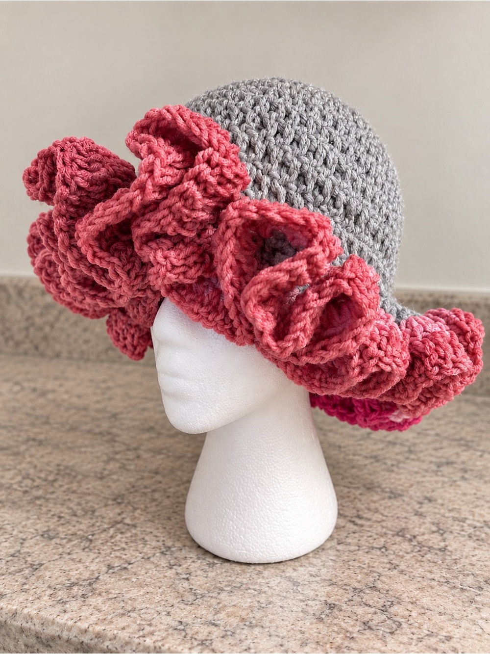 Handcrafted Gray Crochet Hat with Pink Ruffle Trim
